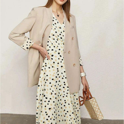 Elegant Chic Dot Print V-Neck Midi Dress for Women – Stylish Summer A-Line Chiffon Dress in White - Très Elite