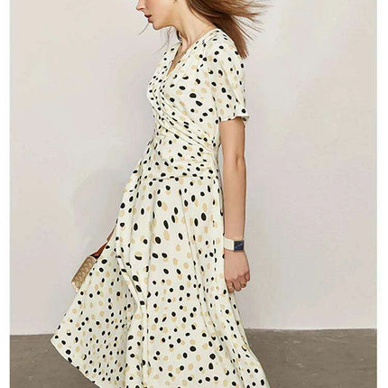 Elegant Chic Dot Print V-Neck Midi Dress for Women – Stylish Summer A-Line Chiffon Dress in White