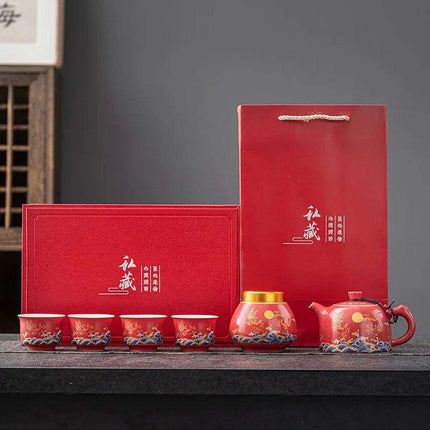 Elegant Chinese Kung Fu Tea Ceremony Set with Teapot and Four Cups in Luxurious Gift Box - Très Elite