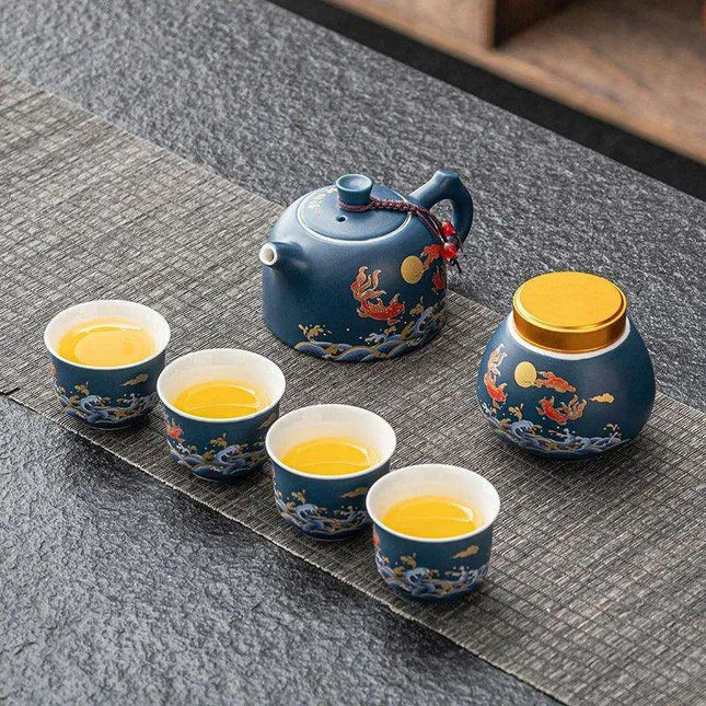 Elegant Chinese Kung Fu Tea Ceremony Set with Teapot and Four Cups in Luxurious Gift Box