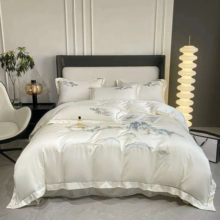 Elegant Chinese Landscape Embroidery Luxury Bedding Set - Silky Duvet Cover, Soft Quilt Cover, Bed Sheet & Pillowcases for 2024 - Très Elite