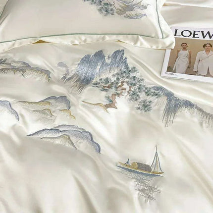 Elegant Chinese Landscape Embroidery Luxury Bedding Set - Silky Duvet Cover, Soft Quilt Cover, Bed Sheet & Pillowcases for 2024 - Très Elite