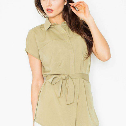 Elegant Collared Top with Adjustable Waist Tie and Functional Pockets - Très Elite