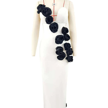 Elegant Contrast Pearl Slip Dress with 3D Floral Back Split for Women's Summer Evening Events - 2024 Collection - Très Elite