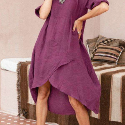 Elegant Cotton Linen Midi Dress: Casual Round Neck with Stylish Three-Quarter Sleeves - Très Elite