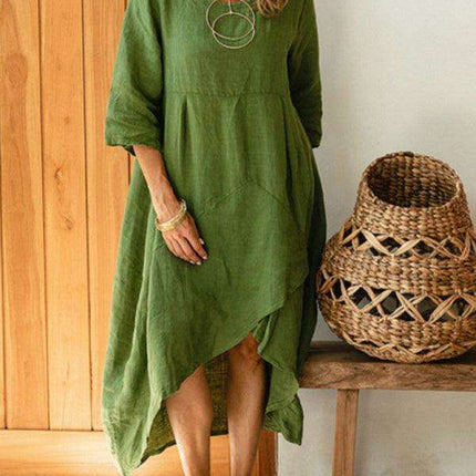 Elegant Cotton Linen Midi Dress: Casual Round Neck with Stylish Three-Quarter Sleeves - Très Elite
