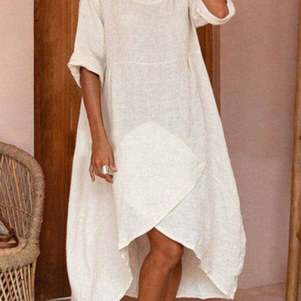 Elegant Cotton Linen Midi Dress: Casual Round Neck with Stylish Three-Quarter Sleeves - Très Elite