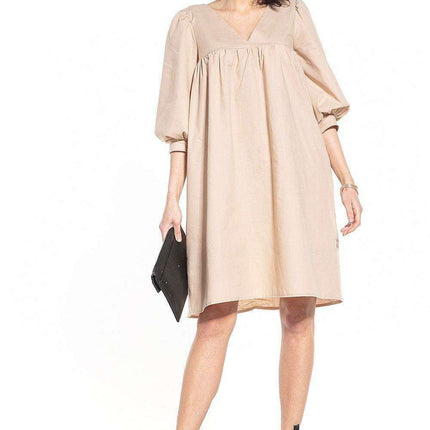 Elegant Cotton Midi Dress with Chic Buffet Sleeves - Très Elite