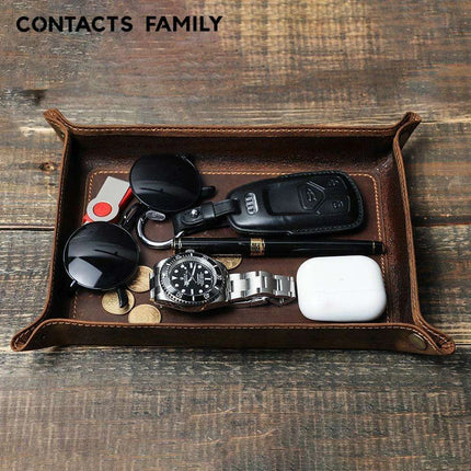 Elegant Cowhide Leather Organizer Tray for Keys, Wallets, and Coins: A Stylish Storage Solution - Très Elite