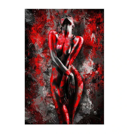 Elegant Crimson Muse: Contemporary Abstract Lady Canvas Art..