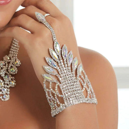 Elegant Crystal Charm Wrap Bracelet and Finger Chain - Bridal Radiance - Très Elite