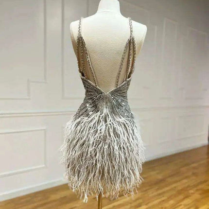 Elegant Custom Fit Backless Feathered Mini Dress for Cocktail Occasions - Très Elite