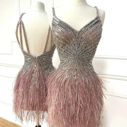 Elegant Custom Fit Backless Feathered Mini Dress for Cocktail Occasions - Très Elite