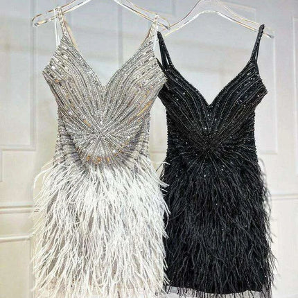 Elegant Custom Fit Backless Feathered Mini Dress for Cocktail Occasions - Très Elite