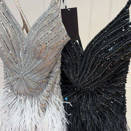 Elegant Custom Fit Backless Feathered Mini Dress for Cocktail Occasions - Très Elite