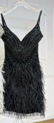 Elegant Custom Fit Backless Feathered Mini Dress for Cocktail Occasions - Très Elite