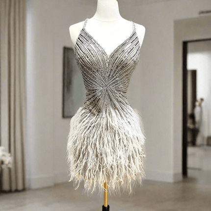 Elegant Custom Fit Backless Feathered Mini Dress for Cocktail Occasions - Très Elite