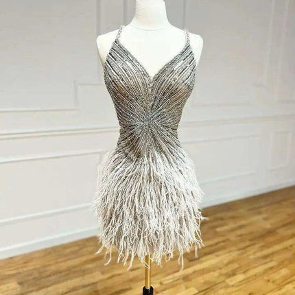 Elegant Custom Fit Backless Feathered Mini Dress for Cocktail Occasions - Très Elite