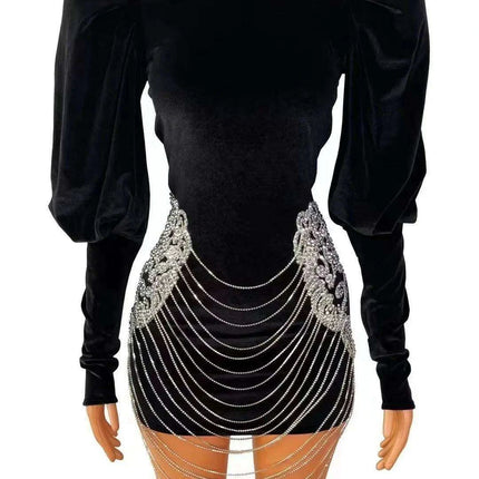 Elegant Custom-Fit Black Velvet Dress with Dazzling Silver Rhinestones - Très Elite