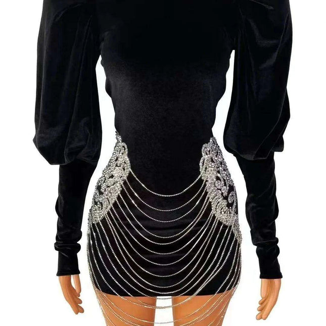 Elegant Custom-Fit Black Velvet Dress with Dazzling Silver Rhinestones