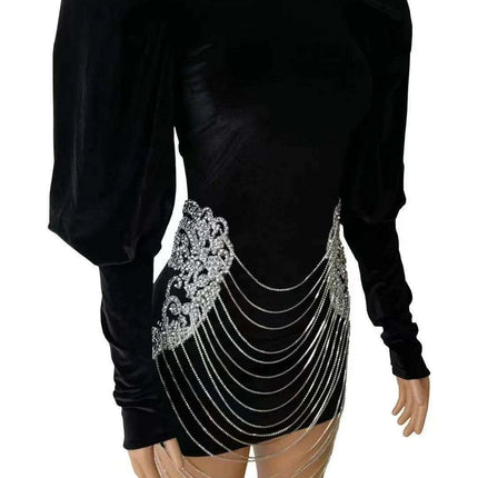 Elegant Custom-Fit Black Velvet Dress with Dazzling Silver Rhinestones - Très Elite