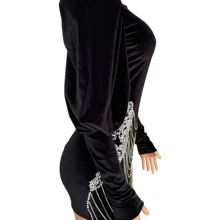 Elegant Custom-Fit Black Velvet Dress with Dazzling Silver Rhinestones - Très Elite