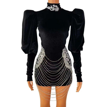 Elegant Custom-Fit Black Velvet Dress with Dazzling Silver Rhinestones - Très Elite