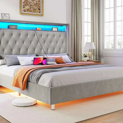 Elegant Dark Gray LED Queen Bed Frame with Charging Headboard & Ambient Nightlight- Très Elite- Très Elite
