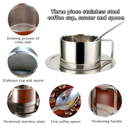 Elegant Double-Walled Stainless Steel Coffee Cup Set with Saucer and Spoon - Perfect Gift for Coffee Lovers - Très Elite
