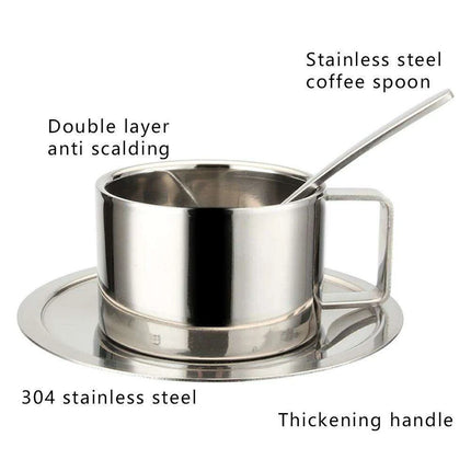 Elegant Double-Walled Stainless Steel Coffee Cup Set with Saucer and Spoon - Perfect Gift for Coffee Lovers - Très Elite