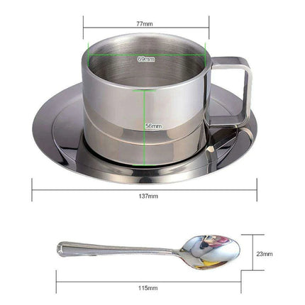 Elegant Double-Walled Stainless Steel Coffee Cup Set with Saucer and Spoon - Perfect Gift for Coffee Lovers - Très Elite