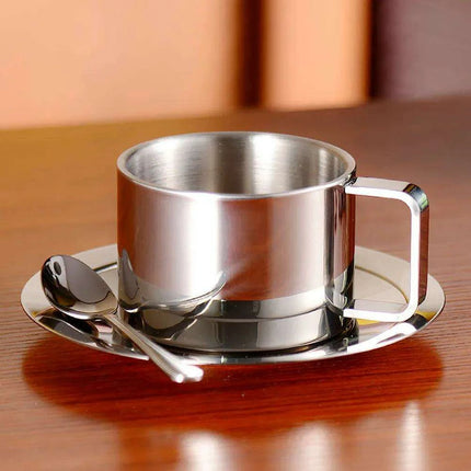 Elegant Double-Walled Stainless Steel Coffee Cup Set with Saucer and Spoon - Perfect Gift for Coffee Lovers - Très Elite