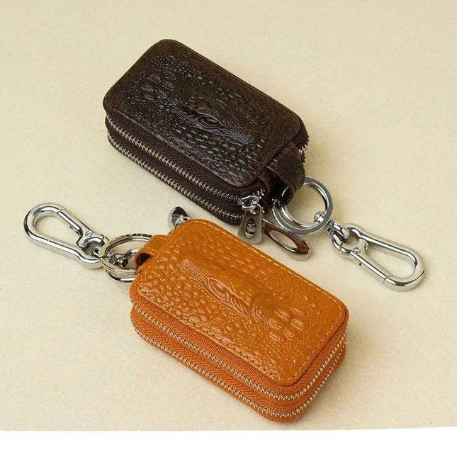 Elegant Dual Zip Leather Key Organizer: Premium Case with Remote Protection