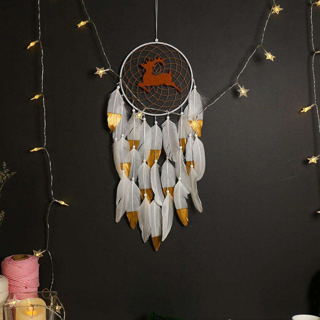 Elegant Elk Feather Wall Hanging Dream Catcher with Double White Feathers - Enchanting Home Decor