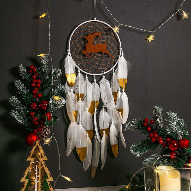 Elegant Elk Feather Wall Hanging Dream Catcher with Double White Feathers - Enchanting Home Decor