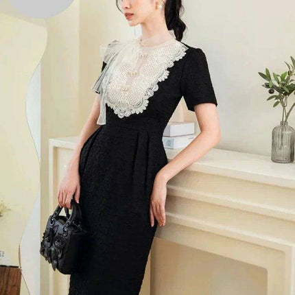 Elegant Embroidered Lace Dress with Stylish Ribbon Accents - Très Elite
