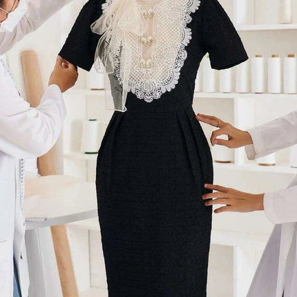 Elegant Embroidered Lace Dress with Stylish Ribbon Accents