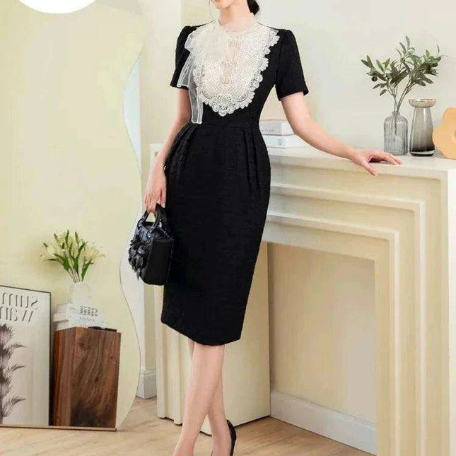 Elegant Embroidered Lace Dress with Stylish Ribbon Accents