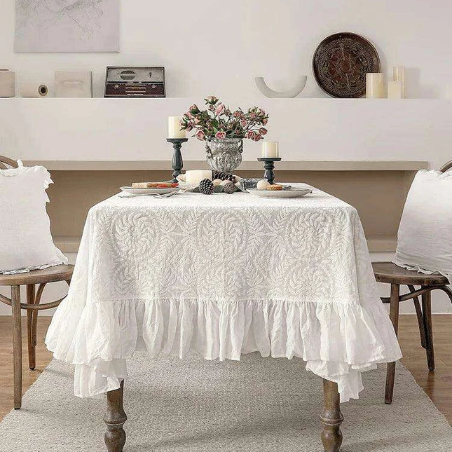 Elegant Embroidered Lace Table Cover - Premium Cotton Ruffles for Dining Sophistication