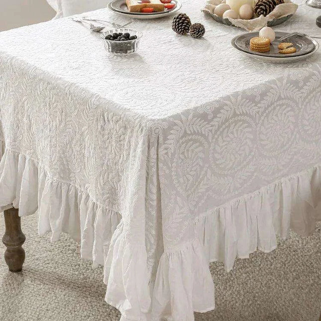Elegant Embroidered Lace Table Cover - Premium Cotton Ruffles for Dining Sophistication