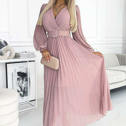 Elegant European Blue Chiffon Pleated Evening Dress - Très Elite