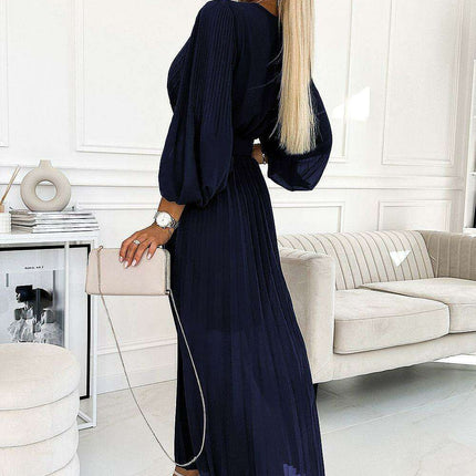 Elegant European Blue Chiffon Pleated Evening Dress - Très Elite