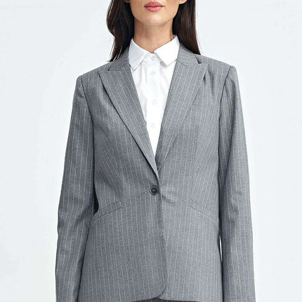 Elegant Fitted Grey Blazer With Shoulder Pads Hip Length - Très Elite