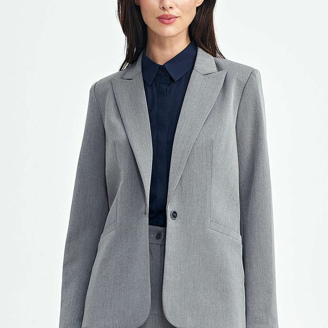 Elegant Fitted Grey Blazer With Shoulder Pads Hip Length
