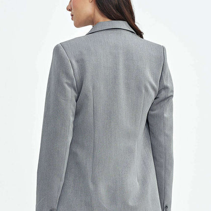Elegant Fitted Grey Blazer With Shoulder Pads Hip Length - Très Elite