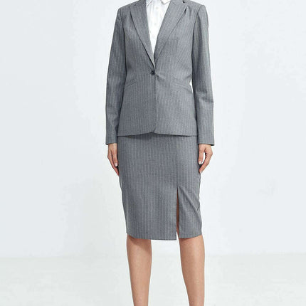 Elegant Fitted Grey Blazer With Shoulder Pads Hip Length - Très Elite