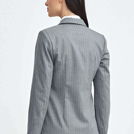 Elegant Fitted Grey Blazer With Shoulder Pads Hip Length - Très Elite