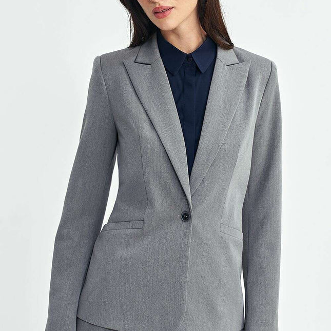 Elegant Fitted Grey Blazer With Shoulder Pads Hip Length