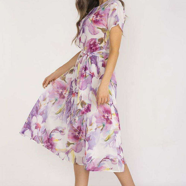 Elegant Flared Chiffon Dress with Adjustable Waistband
