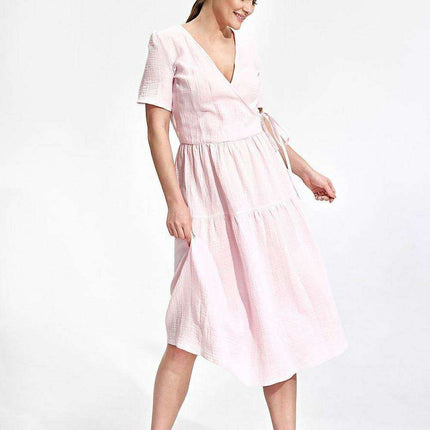 Elegant Flared Midi Envelope Dress with Short Sleeves and Chic Accents - Très Elite